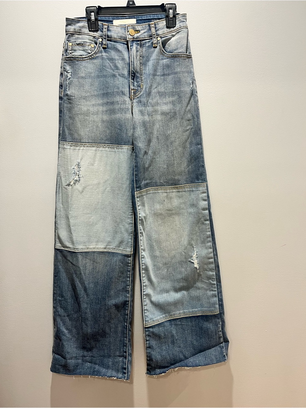 New No Tag Fidelity Denim Ziggy High-Rise Wide-Leg Patchwork Distressed Jeans 24